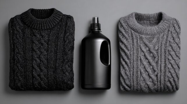 Two cable knit sweaters flank a dark cleaning product container against a neutral surface
