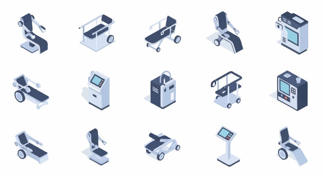 Collection of isometric medical equipment icons, representing healthcare technology and devices.