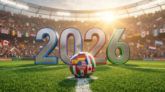 2026 FIFA World Cup event on a football field. Flags of many countries are waving in the stadium. Sunlight streams through the stadium