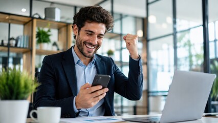 Fototapeta premium Excited Businessman Celebrating Success While Looking at Smartphone in Modern Office Workspace
