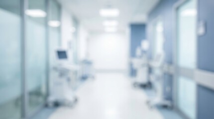 Obraz premium Blurred Hospital Corridor, Clean Medical Facility Hallway, Empty Healthcare Environment, Modern Clinic Interior Design Background