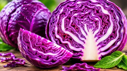 Obraz premium Fresh Red Cabbage Cut in Half Showing Vibrant Purple Texture and Natural Nutrition