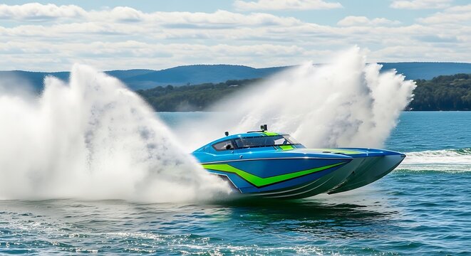 High performance speedboat racing across water creating large splashes and waves