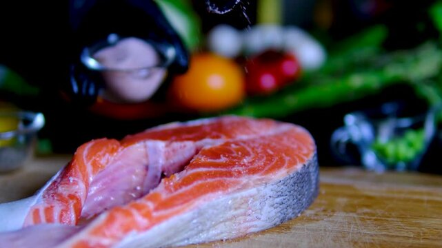 Step by step salmon recipe asparagus garlic butter cooked on stainless steel skillet in modern kitchen healthy gourmet meal preparation salmon recipe, healthy, cooking process, restaurant style meal