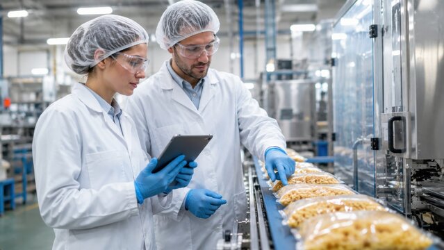 Food Quality Control Specialists Inspecting Packaged Pasta on Production Line