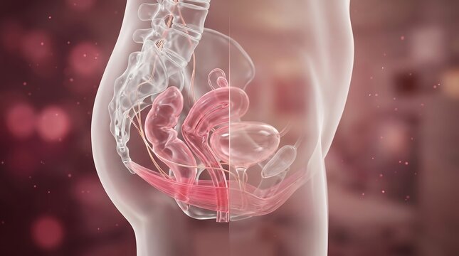 Pelvic floor dysfunction 3D medical visualization of female pelvis cross-section showing weakened pelvic floor muscles, organ descent, and comparative anatomical structure in translucent clinical rend