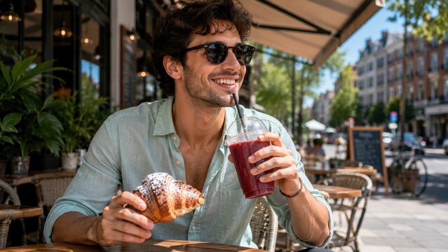 Smiling Young Man Enjoying Croissant and Berry Smoothie at Outdoor Cafe Terrace