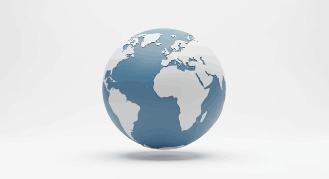 Clean 3D render of a stylized Earth globe, blue oceans and white continents, isolated on a bright white background.