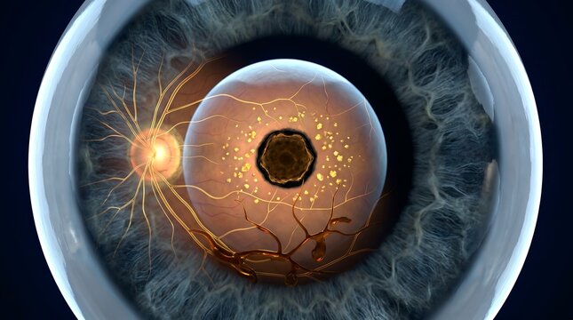 Macular degeneration retinal eye disease 3D medical visualization of human eye anatomy showing translucent eye cross-section with retina, macula drusen deposits