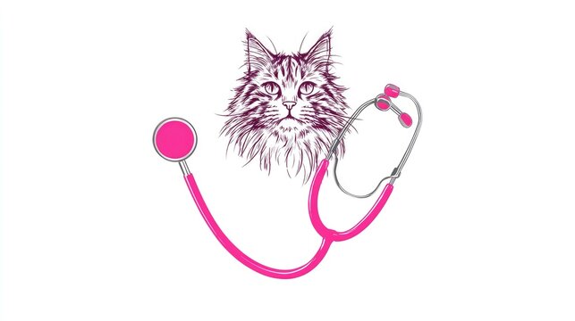 Detailed drawing of a long-haired feline head framed by a bright pink medical listening device
