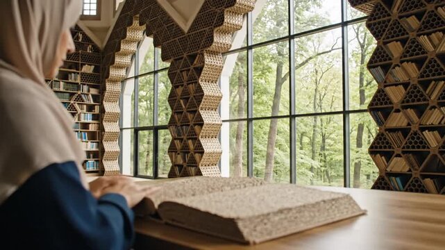 Woman reading book in library with large windows.