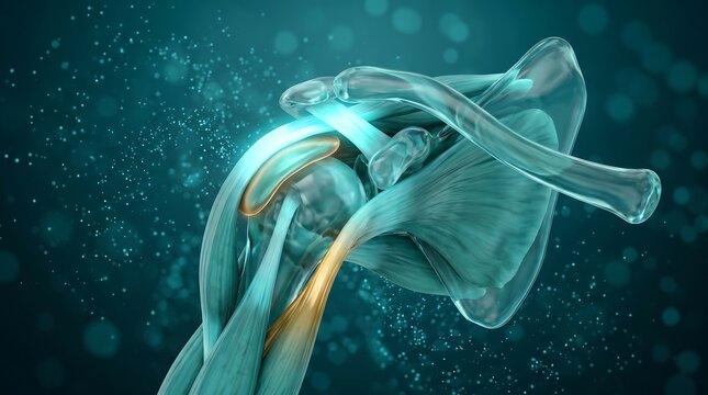 Shoulder impingement rotator cuff syndrome 3D medical visualization of overhead shoulder joint anatomy showing subacromial space compression