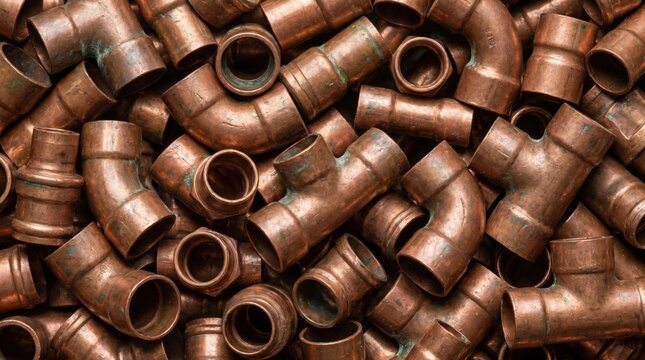 Industrial background featuring a dense collection of used copper pipe fittings and connectors arranged in an overlapping pattern for plumbing maintenance