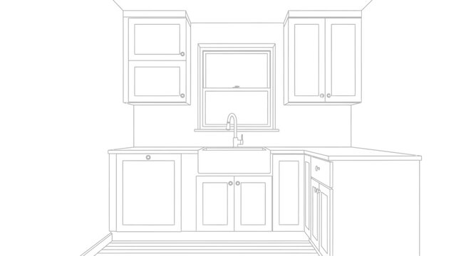 Architectural outline drawing of a contemporary kitchen interior with cabinets, sink, window, and appliances. Home renovation design plan.