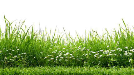 Fototapeta premium Vibrant green grass with white wildflowers against a clean, bright backdrop for a fresh, natural feel.