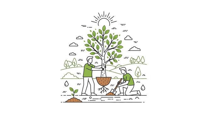 People planting a tree in nature, environmental protection concept. Sustainable gardening and ecological growth, reforestation.