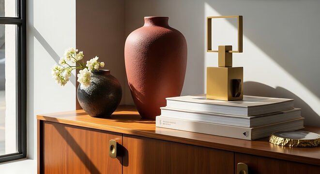 A wooden sideboard with decorative items on top in a room