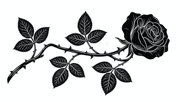 Black and white illustration of a rose with thorns and leaves on a branch