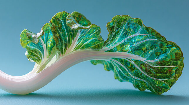 Single green cabbage leaf close-up macro shot on blue surface with vegetable