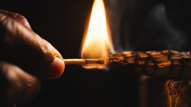 Closeup of a hand holding a burning matchstick igniting a piece of wood against a dark background