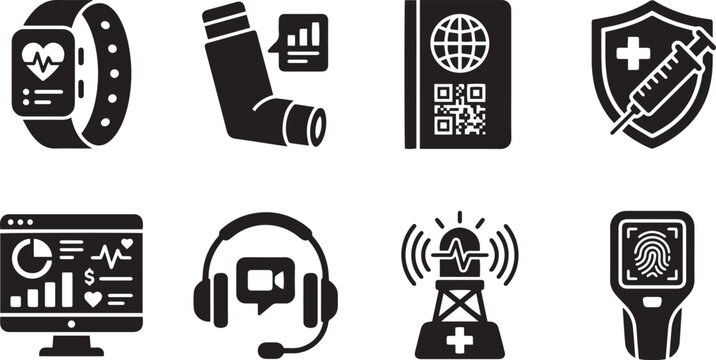 Set of Minimalist Healthcare Technology and Digital Medical Icons Featuring Smart Wearable Trackers, Asthmatic Inhaler Systems, Biometric Passport QR Codes, Vaccination Shield Protection, and Patient 