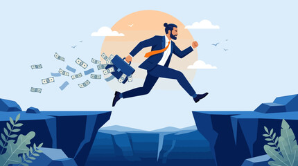Fototapeta premium Ambitious Businessman Leap across mountain gap with money flying from briefcase against sunset ideal for financial risk management and career growth concepts.