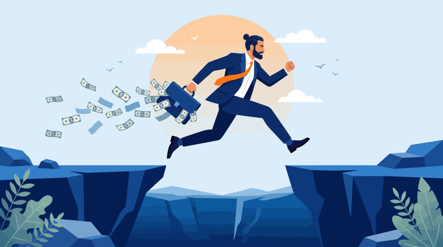 Ambitious Businessman Leap across mountain gap with money flying from briefcase against sunset ideal for financial risk management and career growth concepts.