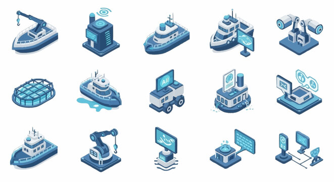 Collection of Isometric Icons Representing Modern Industry and Technology Concepts.