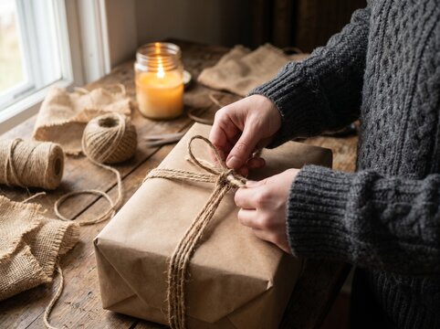 Person Wrapping a Christmas Gift with Kraft Paper and Jute Twine by Candlelight