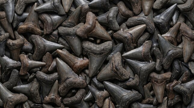 Abundant collection of ancient fossilized shark teeth displayed in a dense texture pattern for paleontology studies