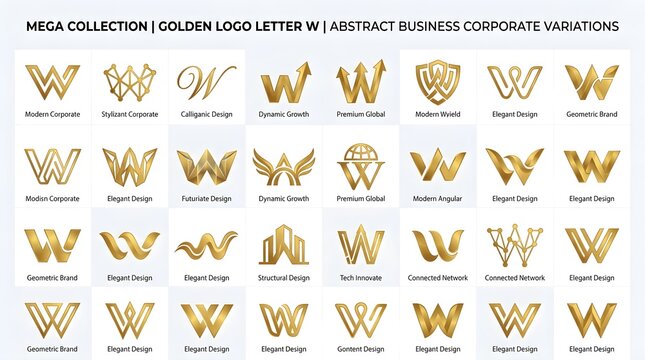 Golden logo letter W mega collection with named abstract business variations such as Modern Wealth and Elegant Design, stylish 3D metallic wordmarks ideal for studios, agencies, corporate groups, fina