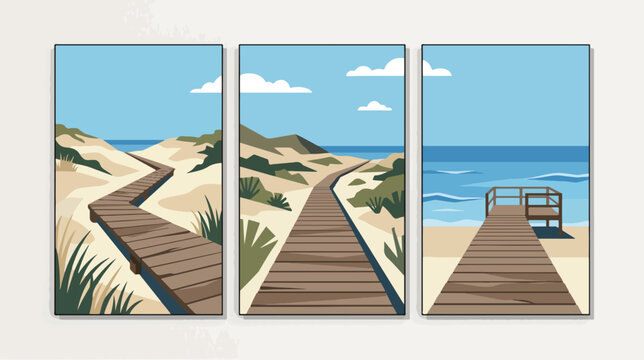 Three panel wall art set featuring a wooden boardwalk path leading through sandy dunes toward the calm blue ocean waves