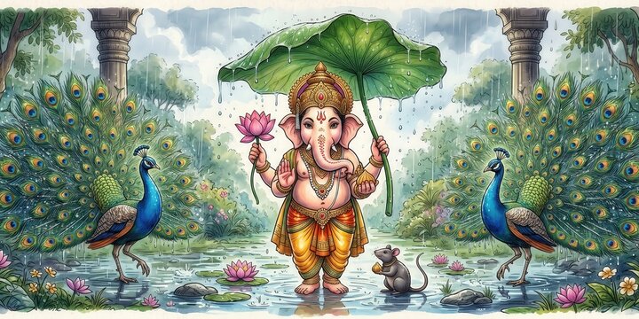 Divine Ganpati and Majestic Peacocks Spiritual Rain Artwork