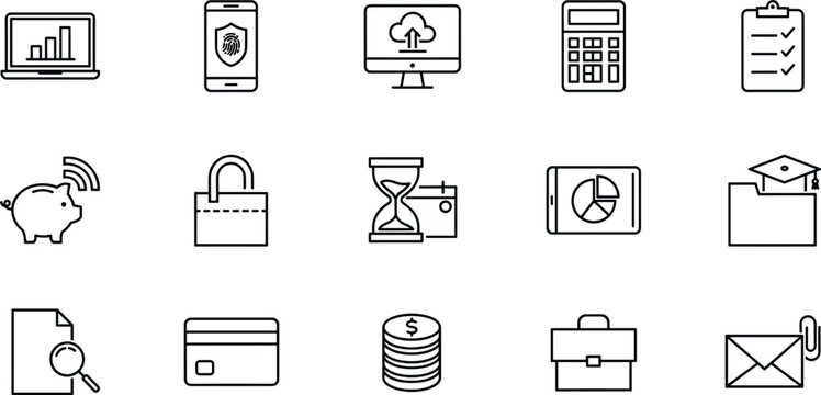 Business and finance line icon vector set featuring laptop data analytics cloud backup mobile security calculator folder piggy bank and office management tools