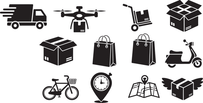 Delivery icons, logistics symbols, transportation signs, 12 black vector graphics