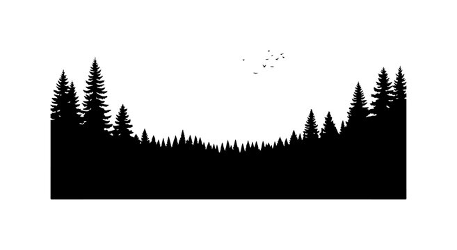Black silhouette forest landscape, pine tree border, nature scene vector, scenic border