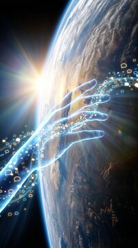 Colossal transparent human hand holding planet earth in open space, abstract 3D sci-fi style, neon blue and purple colors, global protection and ecology concept with copy space