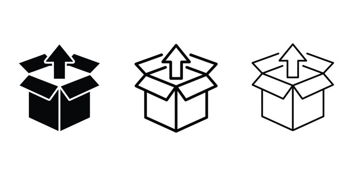 Open box upward arrow icon silhouette vector outline and line art
