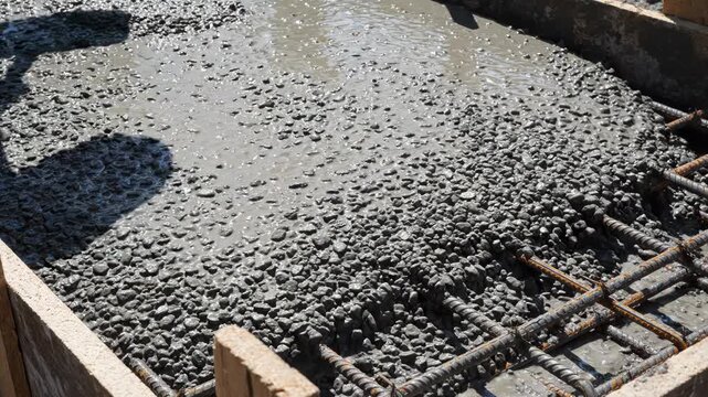 Pouring wet concrete into a wooden formwork with steel reinforcement bars at a construction site
