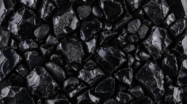 Natural obsidian volcanic glass fragments arranged in a dense pattern featuring sharp jagged edges and smooth polished surfaces creating a dark sophisticated texture for modern design backgrounds