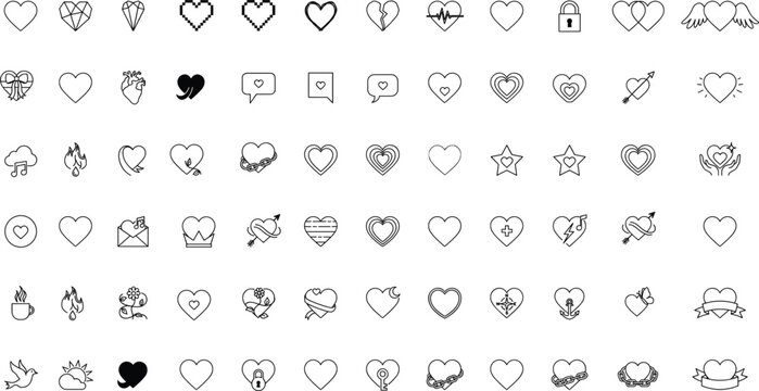 Heart shapes and love line art icons vector set with broken heart diamond wings speech bubble arrow and lock for Valentine day minimalist outline design