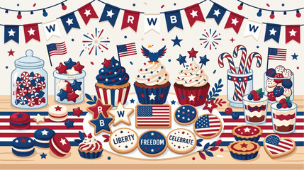 Obraz premium Patriotic cupcakes and cookies decorated with american flags and stars arranged on a festive wooden table for holiday party celebrations