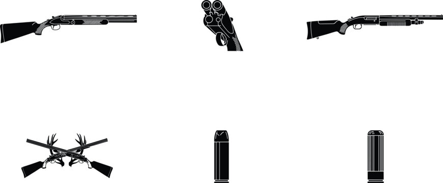 Hunting shotgun and ammunition silhouettes vector set with double barrel shotgun pump action shotgun crossed firearms and shotgun shells isolated black icons