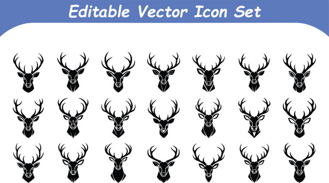 Collection of detailed deer head silhouette icons for hunting and nature design with wildlife