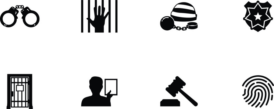 Law enforcement and prison justice silhouettes vector set with handcuffs jail bars prisoner hat ball chain police badge mugshot gavel and fingerprint icons