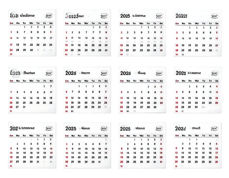 A collection of twelve monthly calendar pages arranged in three rows of four