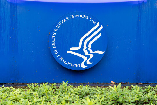 Atlanta, Georgia, USA - December 30, 2021: An official seal of the United States Department of Health and Human Services (HHS) on the wall at CDC (Centers for Disease Control and Prevention) headquart