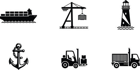 Shipping port and maritime logistics silhouettes vector set with cargo container ship gantry crane lighthouse anchor chain forklift truck and delivery commercial vehicle © KHATUN
