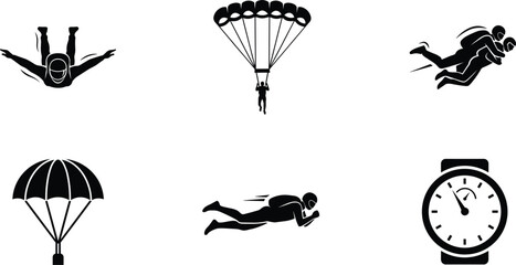 Skydiving and extreme sport silhouettes vector set with skydiver paraglider tandem jump parachute free fall gliding and altimeter watch isolated black icons © KHATUN