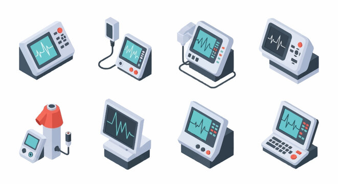 Collection of isometric medical monitoring devices, including ECG machines and vital sign monitors, on a white background.